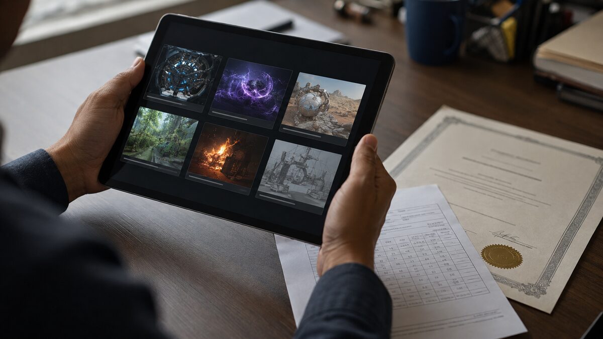 Student reviewing a showreel on a tablet next to a certificate